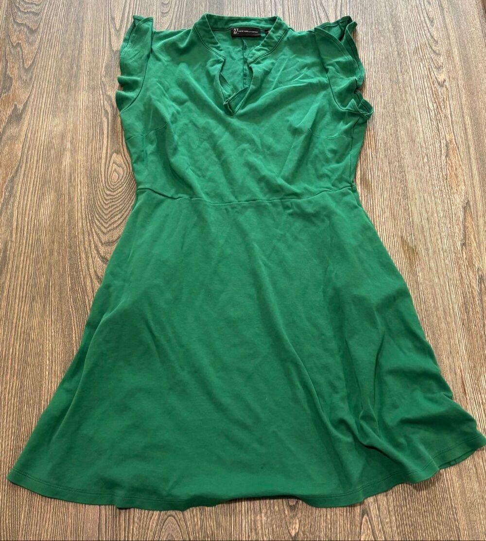 NY&C Womens Mini Skater Dress Flutter Short Sleeve V-Neck Green Size L Tall